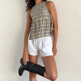 BXOXO Plaid Print Sleeveless Tank Crop Top for Women Summer Party Clubwear Side Split Tie-up Ruched Retro Vest Streewtear